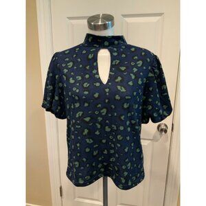 Walter Baker Blue & Green Leopard Puff Sleeve Keyhole Briella Top, Size L, NWT!